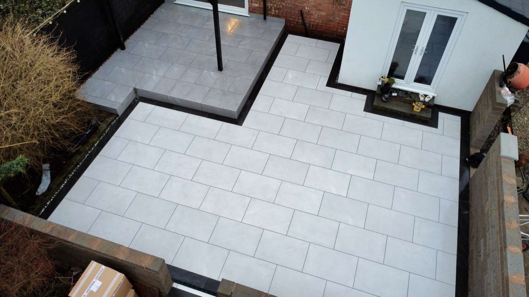 Aerial view of a large porcelain patio