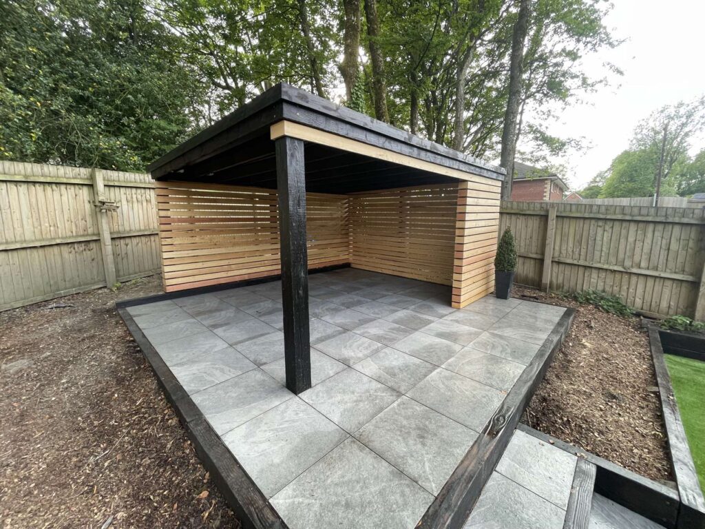 Timber garden shelter on a porcelain base